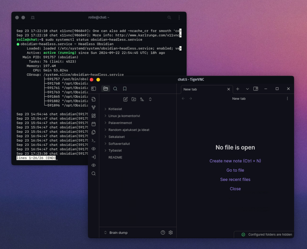 Obsidian systemd service via SSH and Obsidian via TigerVNC running side by side on Terminal windows on Linux.